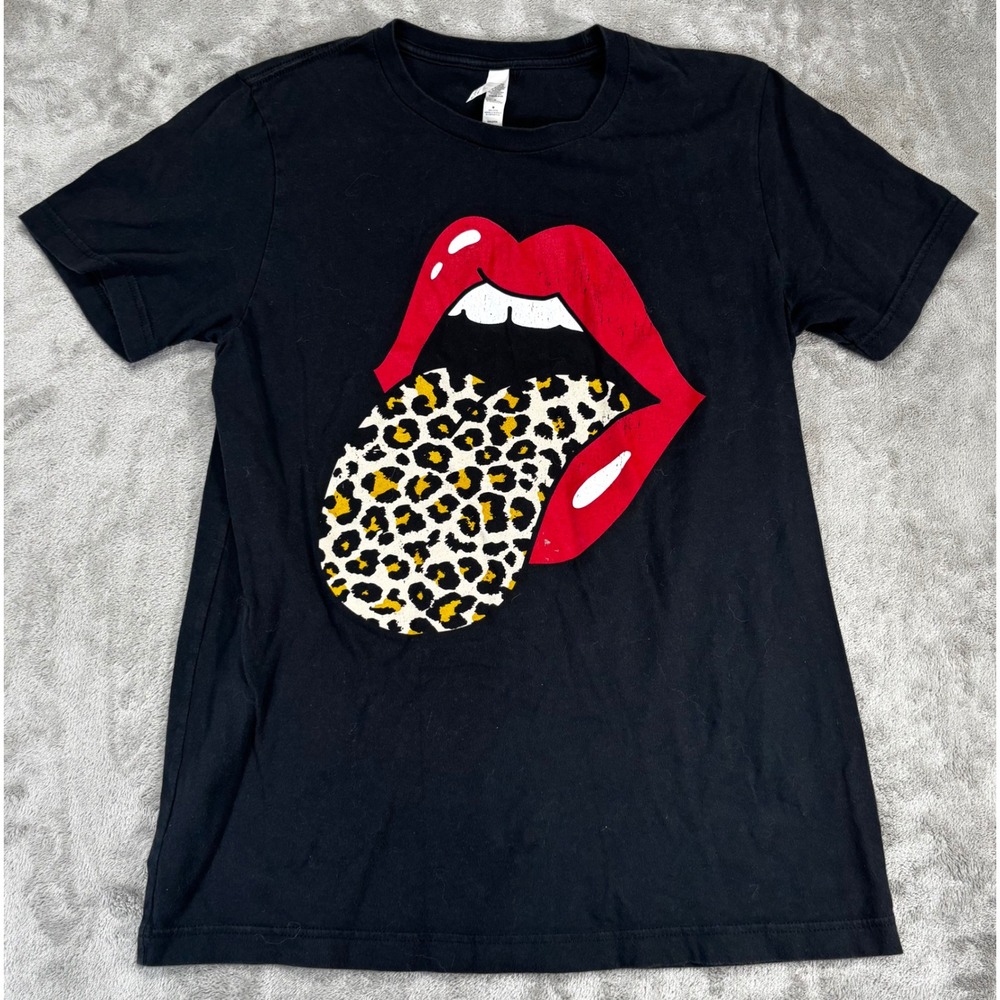 Bella Canvas Rolling Stones T Shirt Women Medium Black‎ Good Leopard Tongue Logo